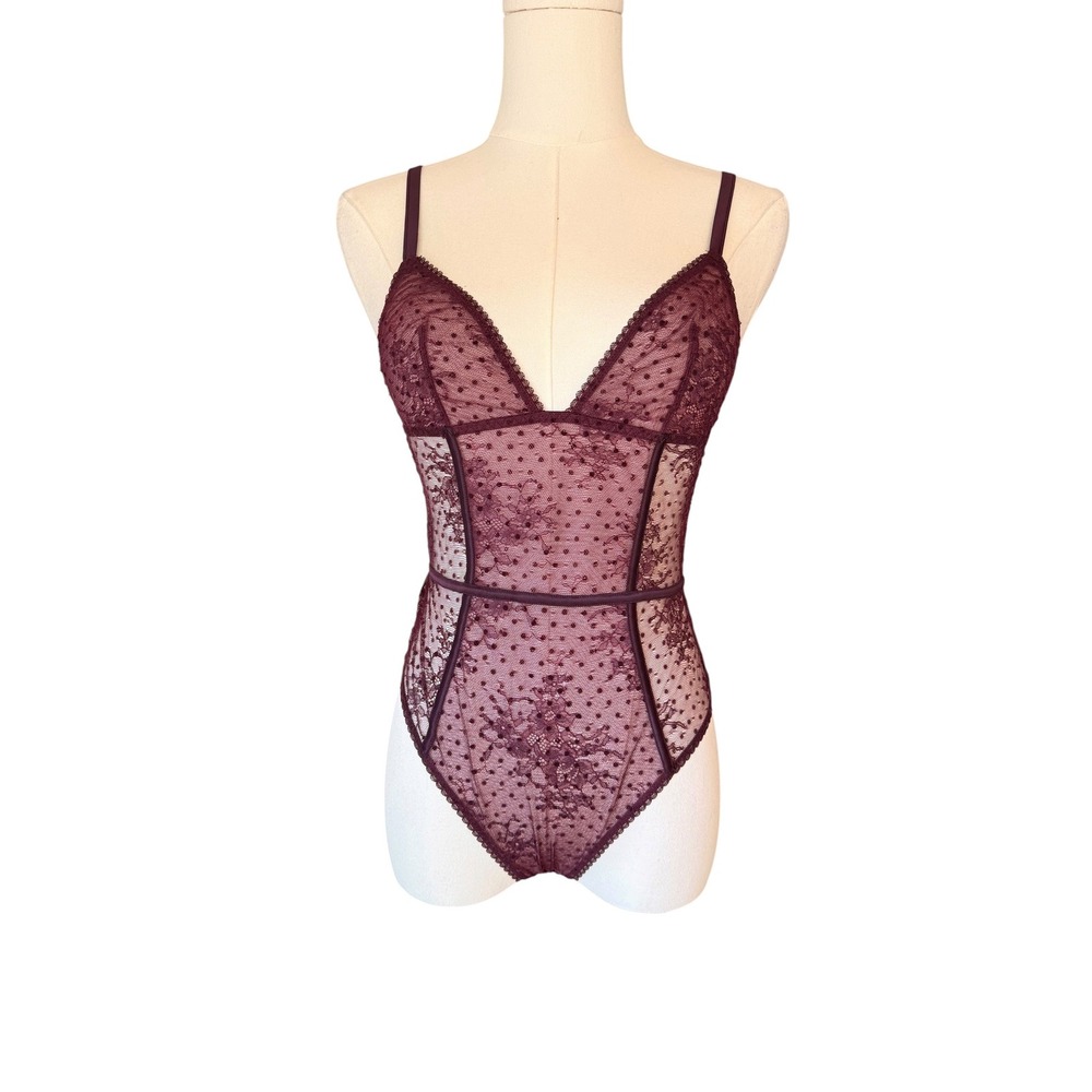 Victorias Secret Burgundy Lace Swiss Dot Mesh Bodysuit XS Thong Back Lingerie
